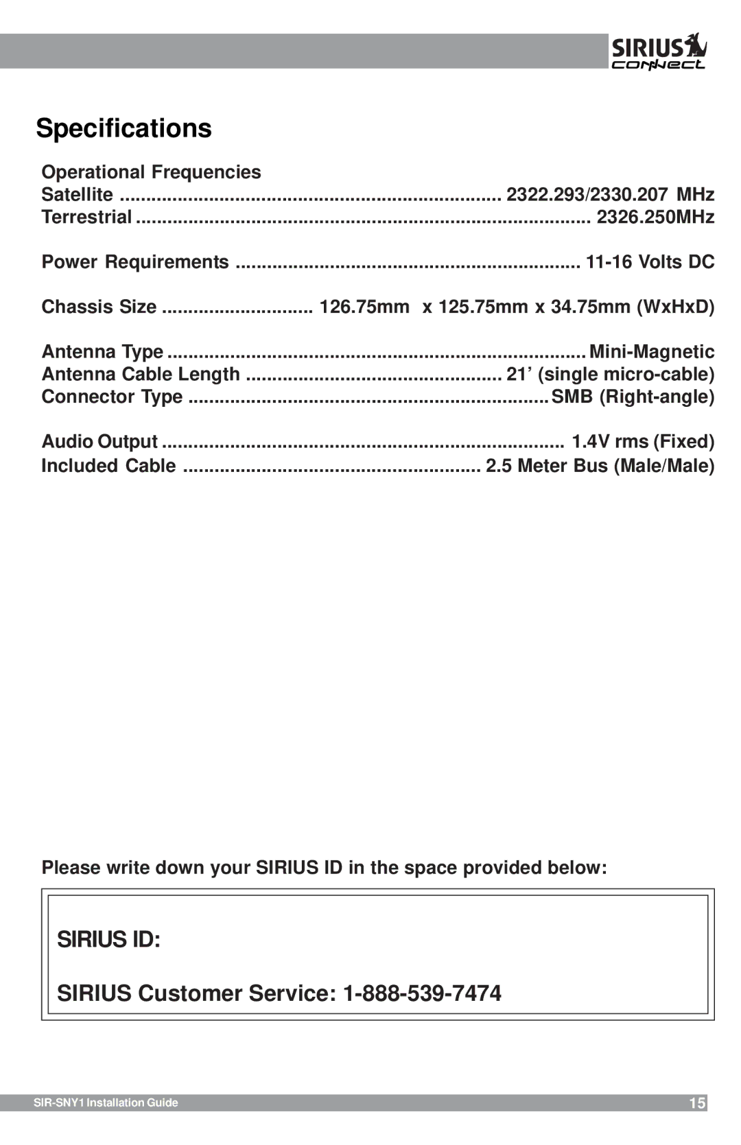 Sirius Satellite Radio SIR-SNY1 manual Specifications, Sirius ID 