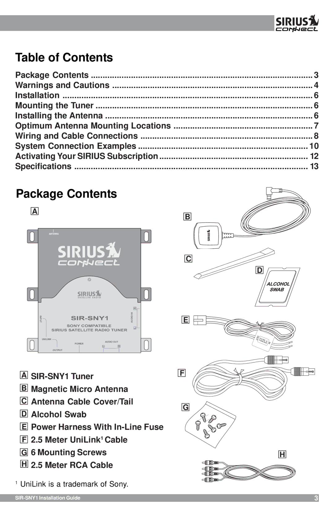 Sirius Satellite Radio SIR-SNY1 manual Table of Contents 