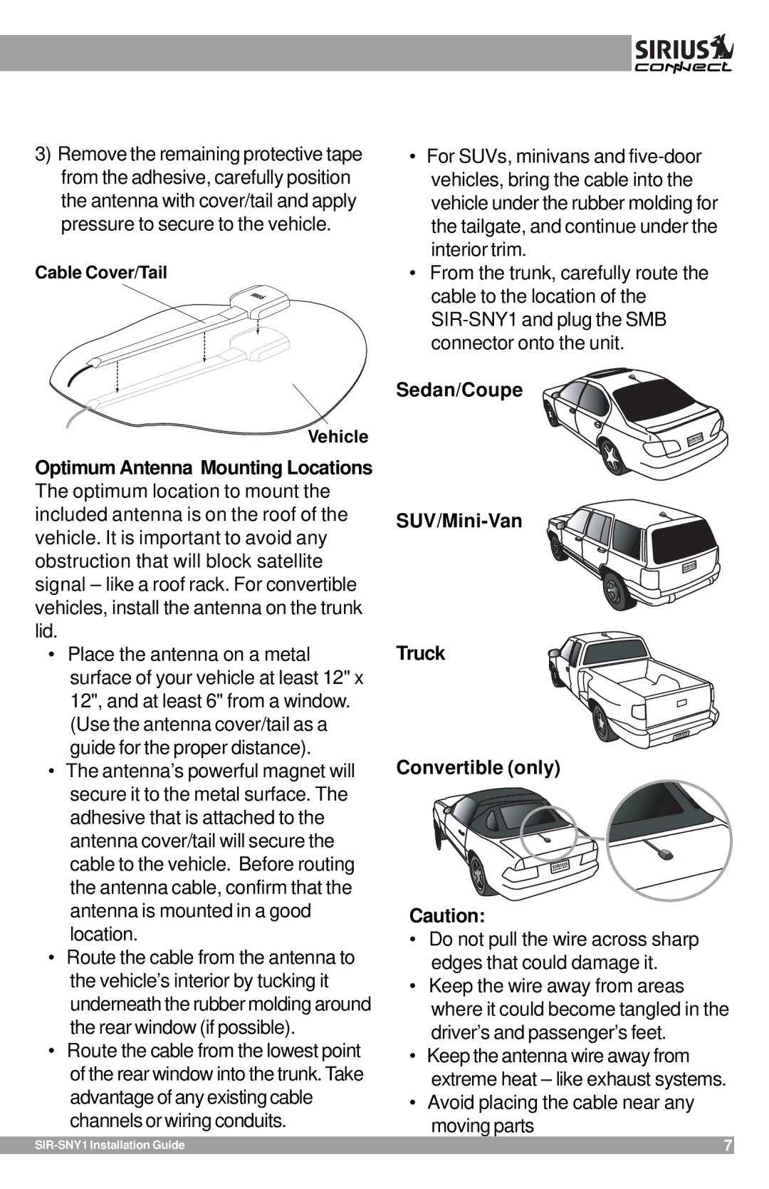 Sirius Satellite Radio SIR-SNY1 manual Sedan/Coupe SUV/Mini-Van Truck Convertible only 