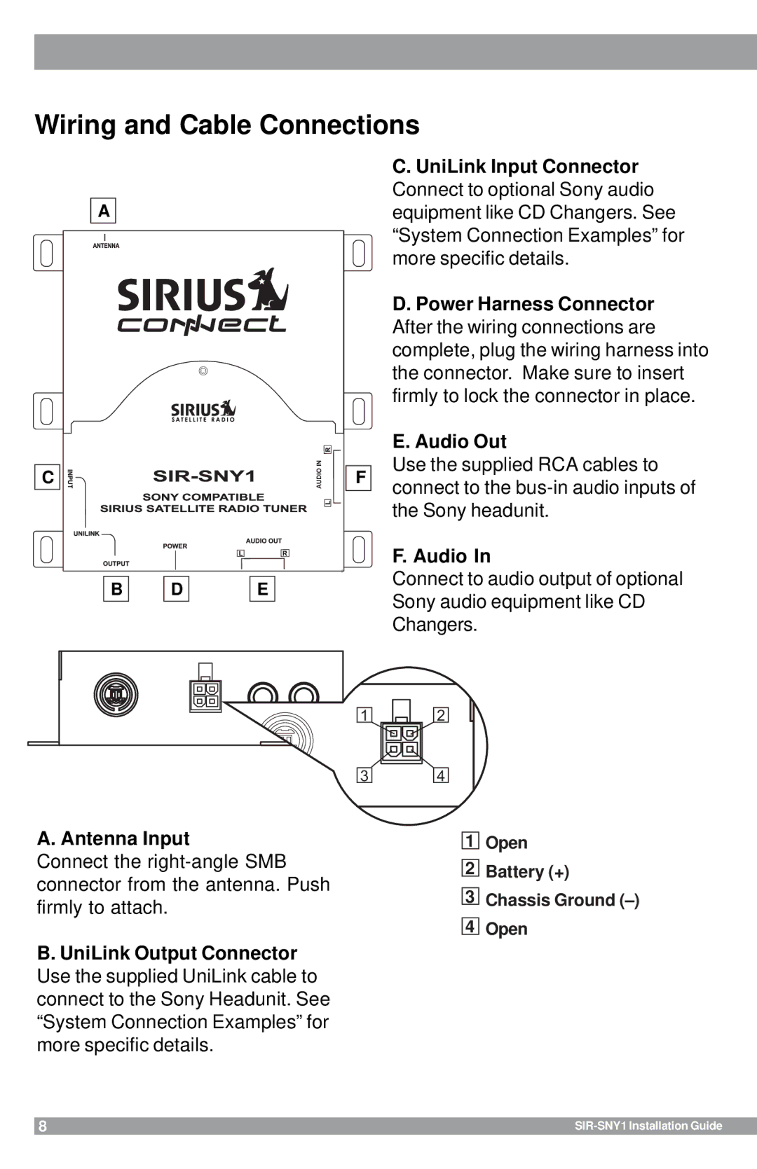 Sirius Satellite Radio SIR-SNY1 manual Wiring and Cable Connections, Audio, Antenna Input 