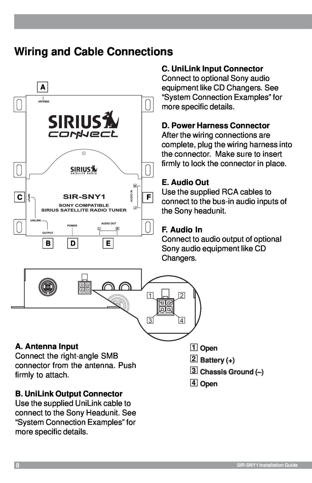 Sirius Satellite Radio SIR-SNY1 manual Wiring and Cable Connections 