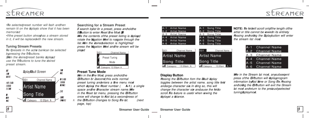 Sirius Satellite Radio SIR-STRPNP1 manual Tuning Stream Presets, Searching for a Stream Preset 