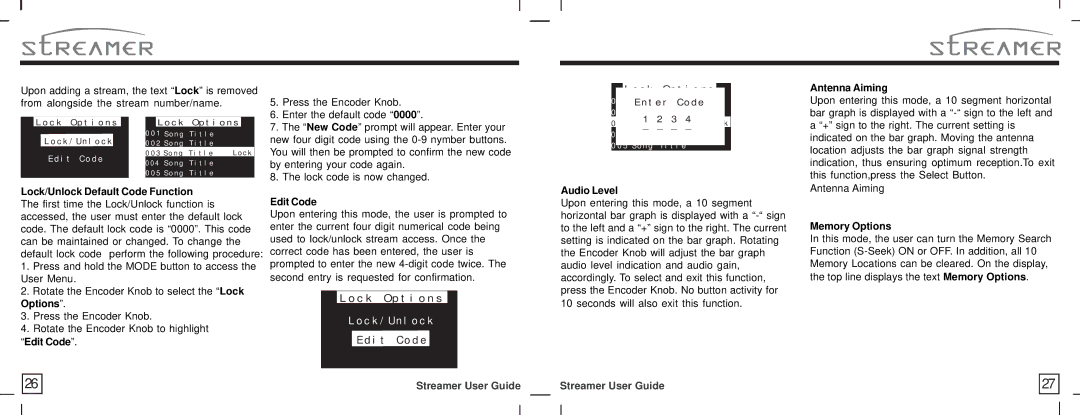 Sirius Satellite Radio SIR-STRPNP1 manual Lock/Unlock Default Code Function, Edit Code, Memory Options 