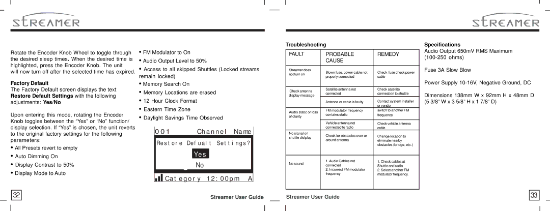 Sirius Satellite Radio SIR-STRPNP1 manual Troubleshooting, Specifications 