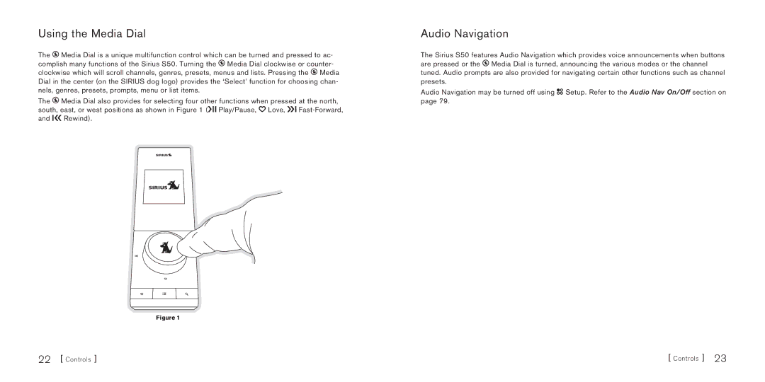 Sirius Satellite Radio Sirius-S50 manual Using the Media Dial, Audio Navigation 