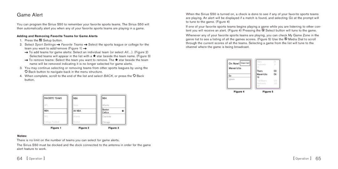 Sirius Satellite Radio Sirius-S50 manual Game Alert, Mavericks 76ers 