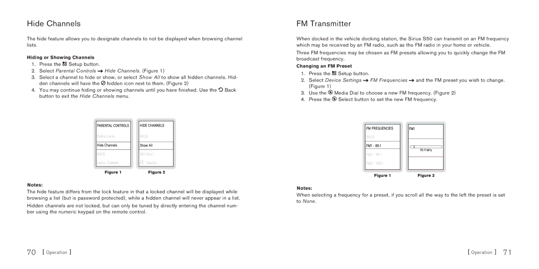 Sirius Satellite Radio Sirius-S50 manual Hide Channels, FM Transmitter 