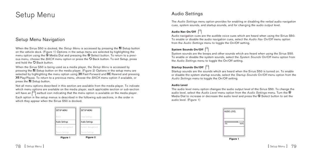 Sirius Satellite Radio Sirius-S50 manual Setup Menu Navigation, Audio Settings 