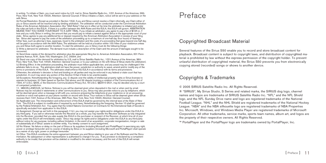 Sirius Satellite Radio Sirius-S50 manual Preface, Copyrighted Broadcast Material, Copyrights & Trademarks 