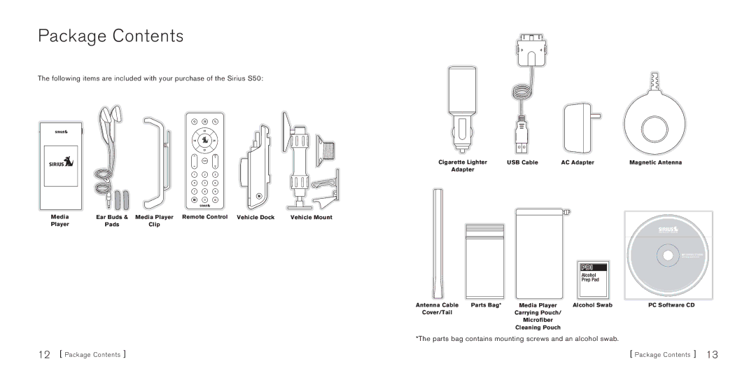 Sirius Satellite Radio Sirius-S50 manual Package Contents 