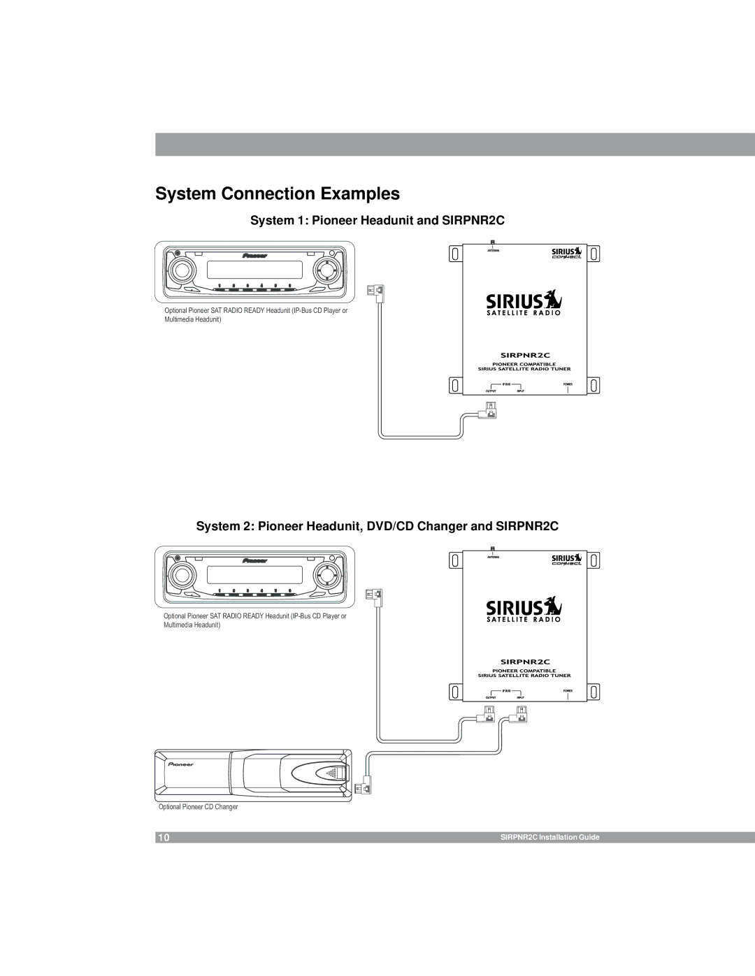 Sirius Satellite Radio manual System Connection Examples, System 1 Pioneer Headunit and SIRPNR2C 