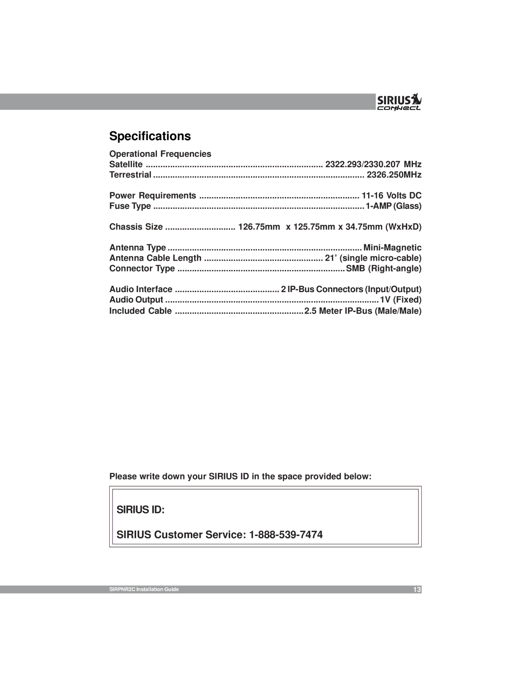 Sirius Satellite Radio SIRPNR2C manual Specifications, Sirius ID 