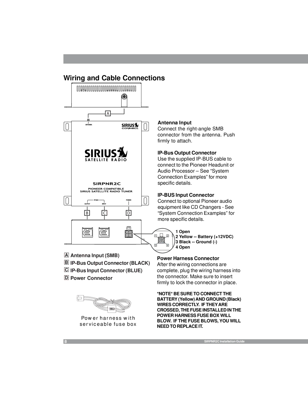 Sirius Satellite Radio SIRPNR2C manual Wiring and Cable Connections, Power harness with serviceable fuse box Antenna Input 