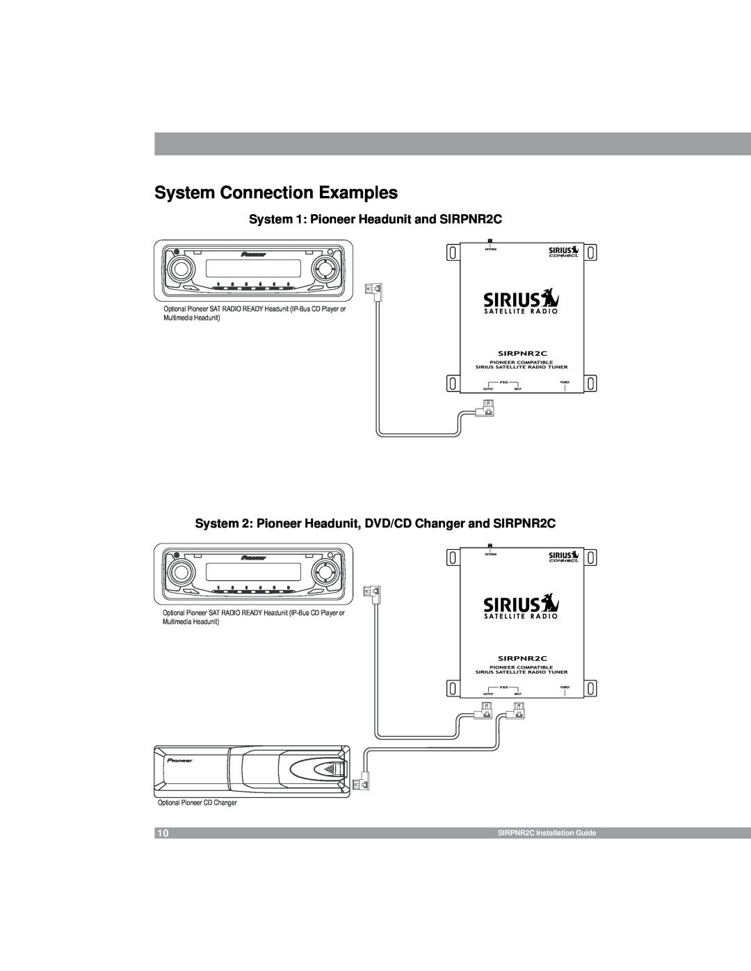 Sirius Satellite Radio manual System Connection Examples, System 1 Pioneer Headunit and SIRPNR2C, Multimedia Headunit 