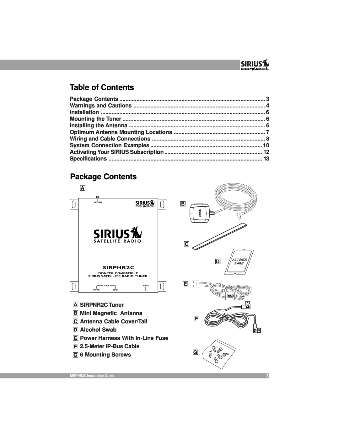 Sirius Satellite Radio SIRPNR2C manual Package Contents, Table of Contents 