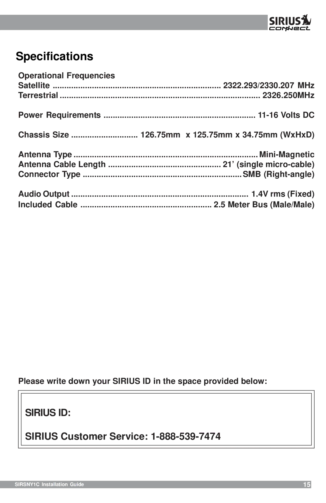 Sirius Satellite Radio SIRSNY1C manual Specifications, Sirius ID 