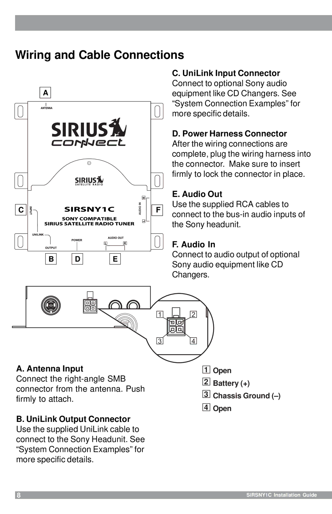 Sirius Satellite Radio SIRSNY1C manual Wiring and Cable Connections, Audio, Antenna Input 