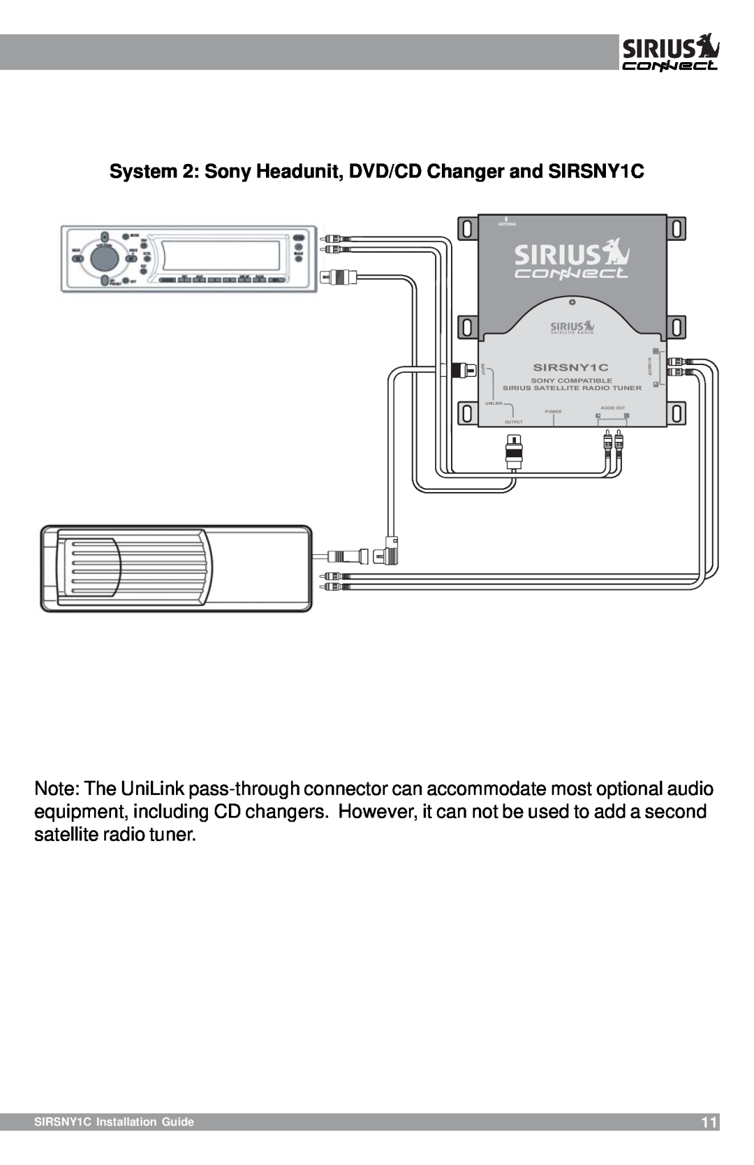 Sirius Satellite Radio manual System 2 Sony Headunit, DVD/CD Changer and SIRSNY1C, SIRSNY1C Installation Guide, Inaudio 