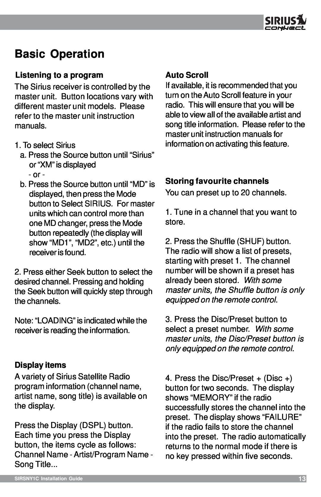 Sirius Satellite Radio SIRSNY1C manual Basic Operation, Listening to a program, Display items, Auto Scroll 