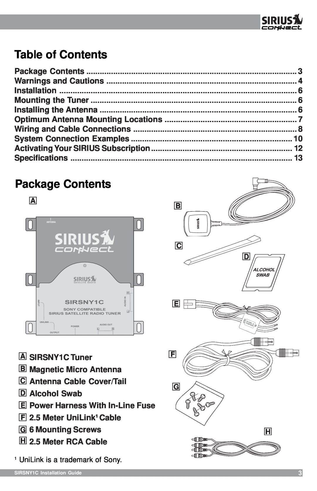 Sirius Satellite Radio SIRSNY1C manual Package Contents, Table of Contents 
