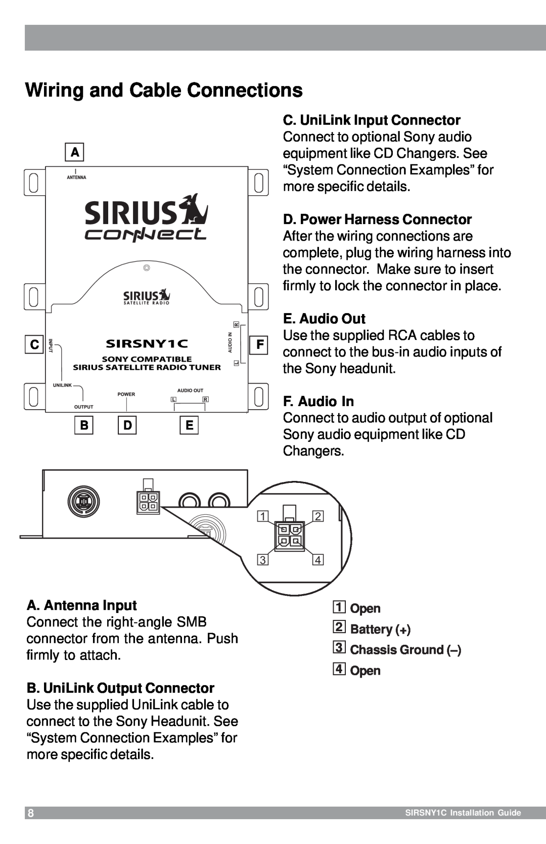 Sirius Satellite Radio SIRSNY1C manual Wiring and Cable Connections, E. Audio Out, F. Audio In, A. Antenna Input 