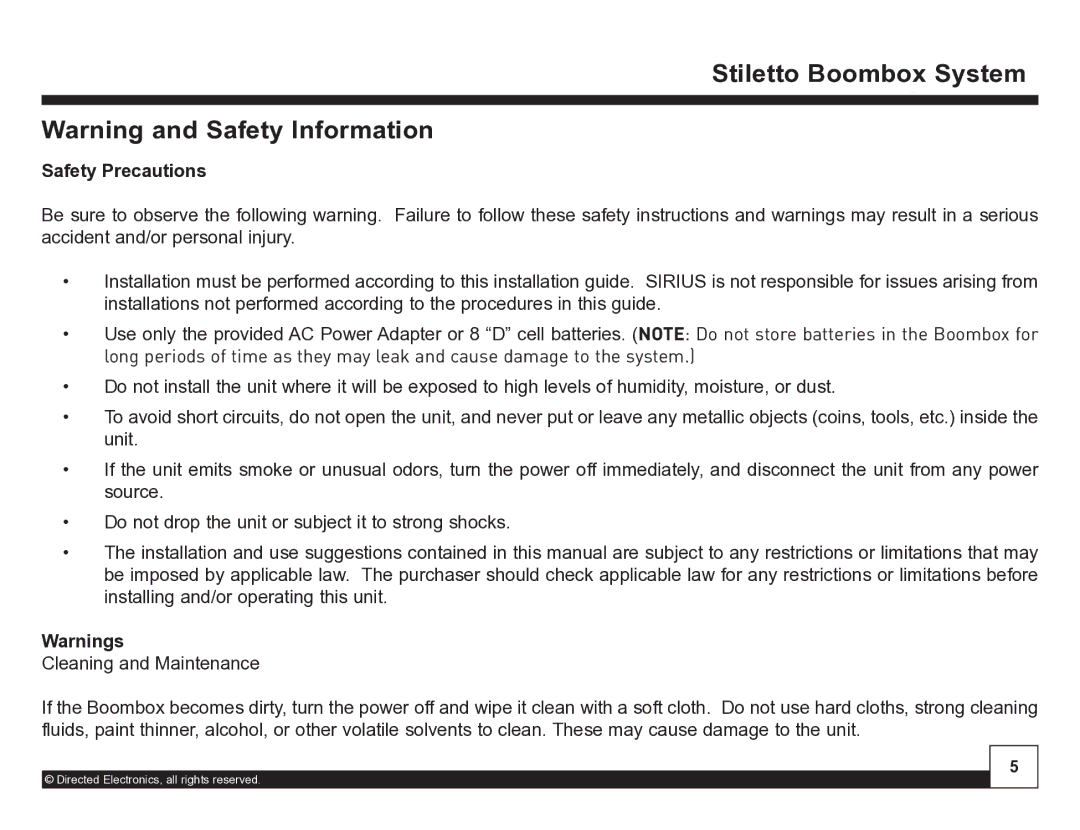 Sirius Satellite Radio SL-BB1 manual DesktopStilettoDockingBoombox Stationystem, Safety Precautions 