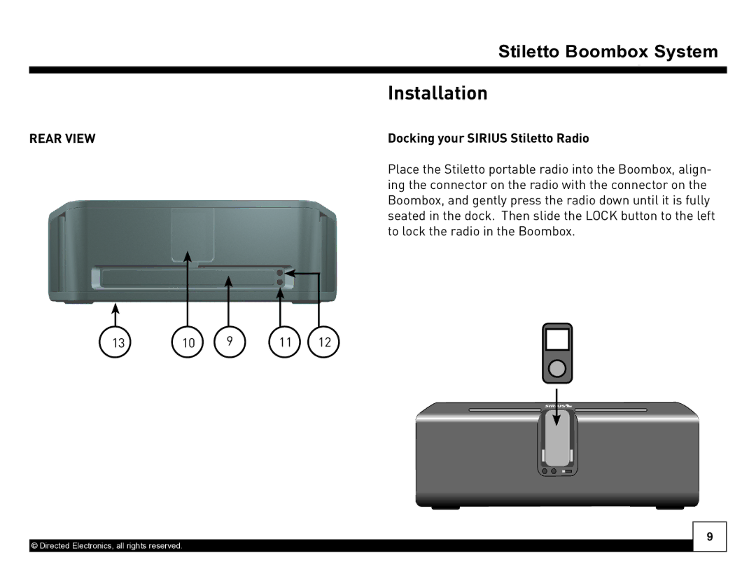 Sirius Satellite Radio SL-BB1 manual Installation, Rear View, Docking your Sirius Stiletto Radio 