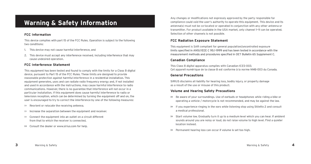 Sirius Satellite Radio SL2PK1 manual FCC Information, FCC Interference Statement, FCC Radiation Exposure Statement 