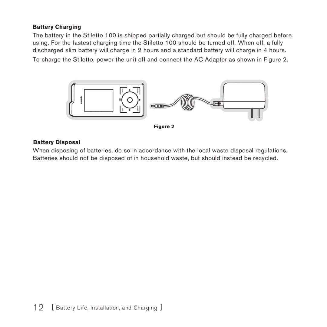 Sirius Satellite Radio SlV1 manual Battery Charging, Battery Disposal 