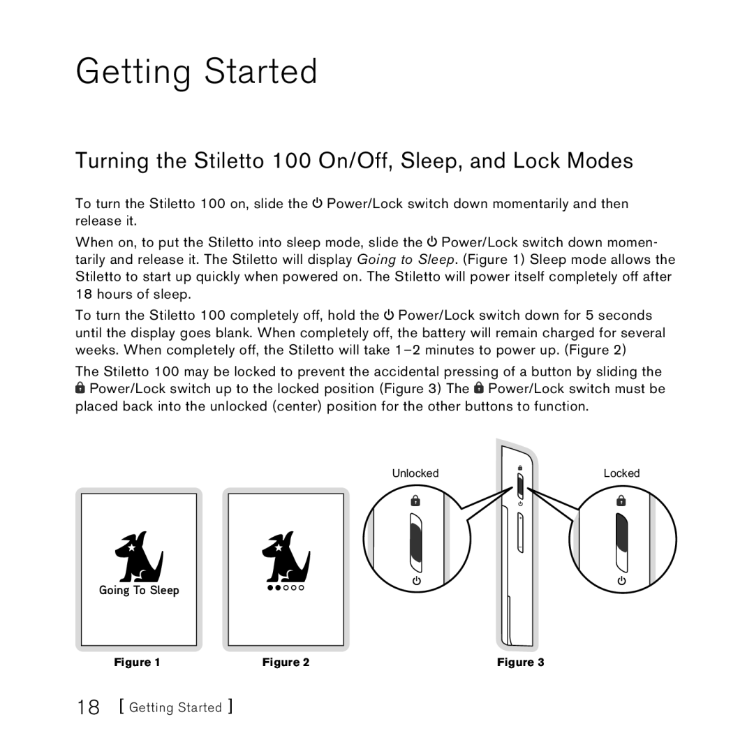 Sirius Satellite Radio SlV1 manual Getting Started, Turning the Stiletto 100 On/Off, Sleep, and Lock Modes, Going To Sleep 