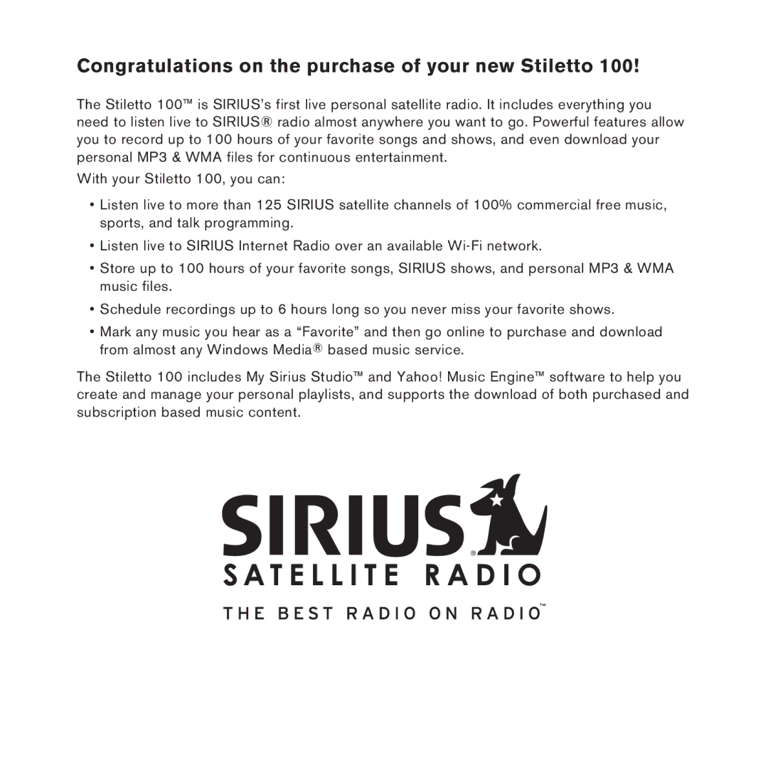 Sirius Satellite Radio SlV1 manual Congratulations on the purchase of your new Stiletto 