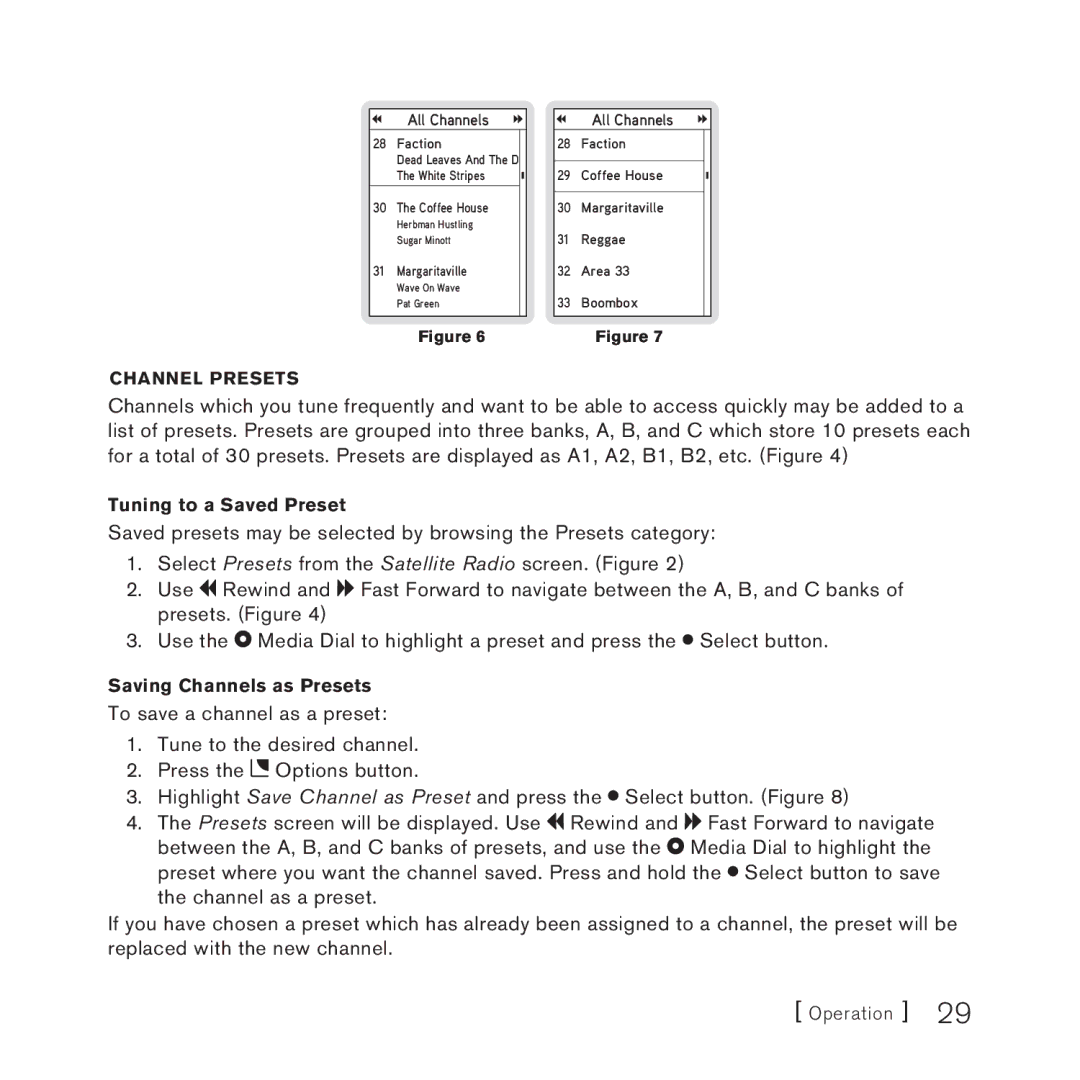 Sirius Satellite Radio SlV1 manual Channel Presets, Tuning to a Saved Preset, Saving Channels as Presets 