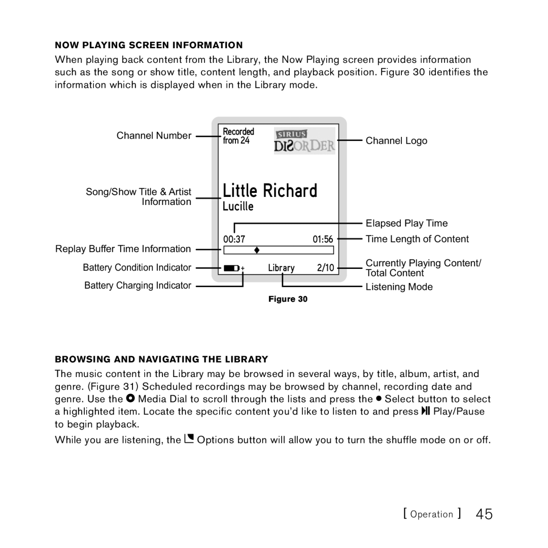 Sirius Satellite Radio SlV1 manual From, 0156, Recorded, 0037, Browsing and Navigating the Library 