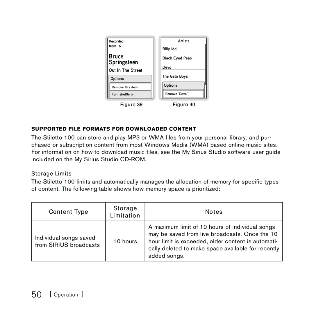 Sirius Satellite Radio SlV1 manual Content Type Storage Limitation, Bruce Springsteen, Storage Limits 