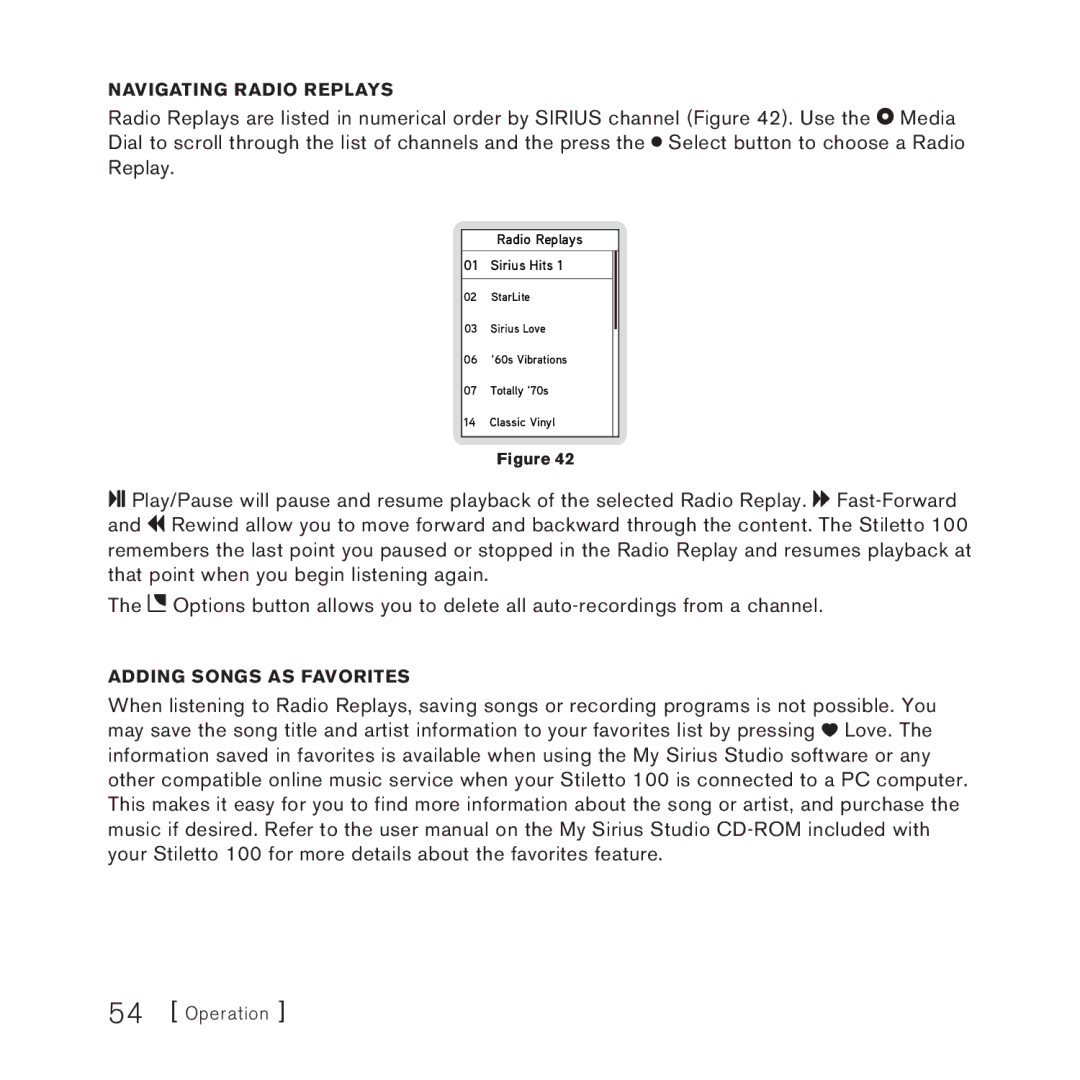 Sirius Satellite Radio SlV1 manual Navigating Radio Replays, Adding Songs as Favorites 