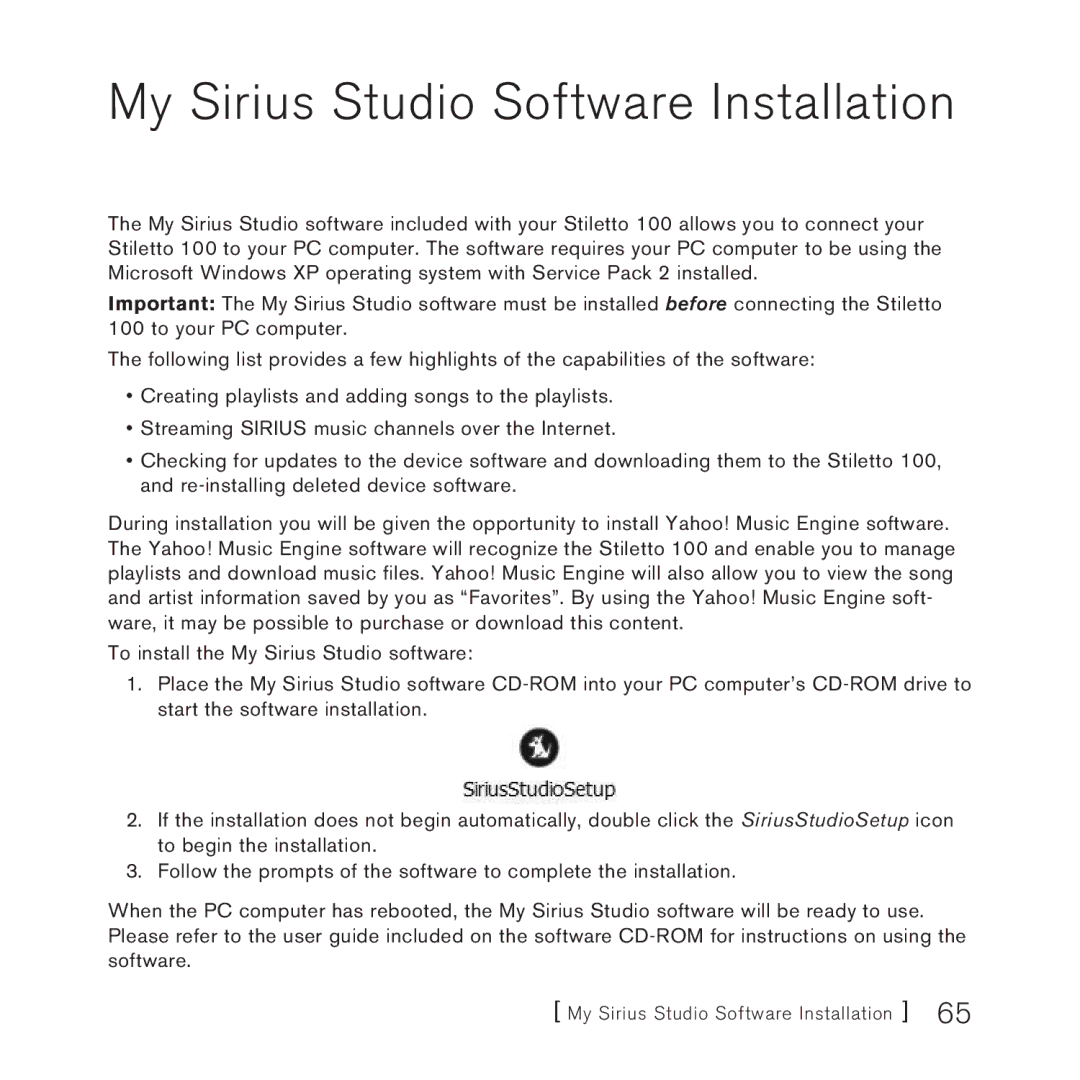 Sirius Satellite Radio SlV1 manual My Sirius Studio Software Installation 