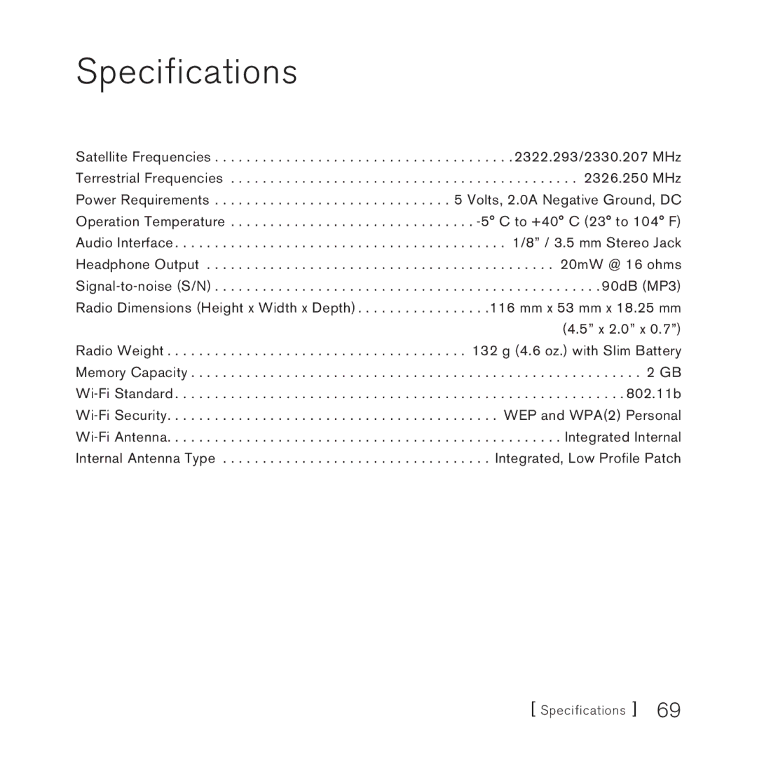 Sirius Satellite Radio SlV1 manual Specifications 