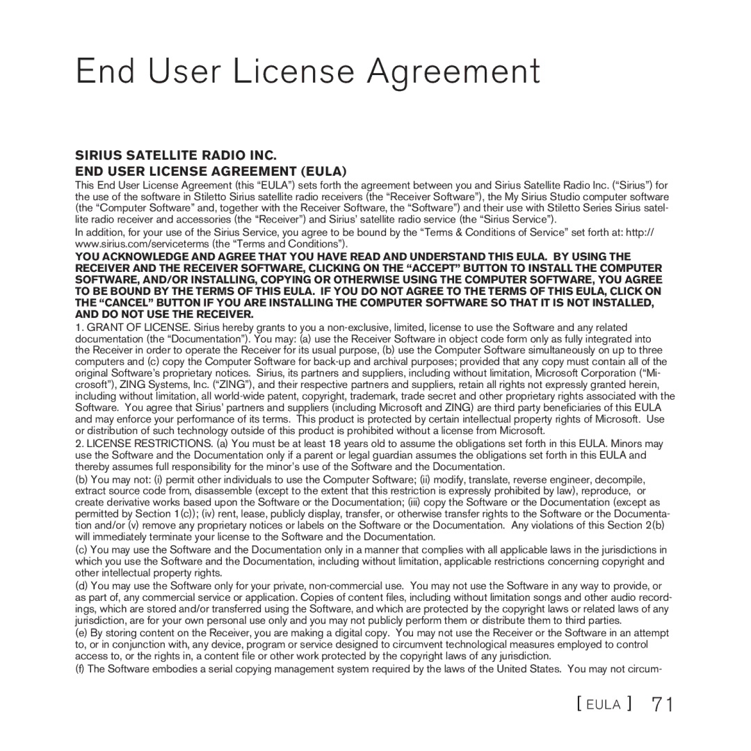 Sirius Satellite Radio SlV1 manual End User License Agreement, Sirius Satellite Radio INC END User License Agreement Eula 