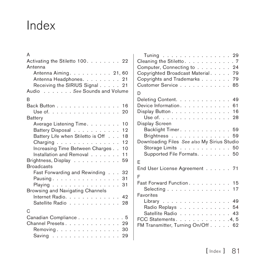 Sirius Satellite Radio SlV1 manual Index 