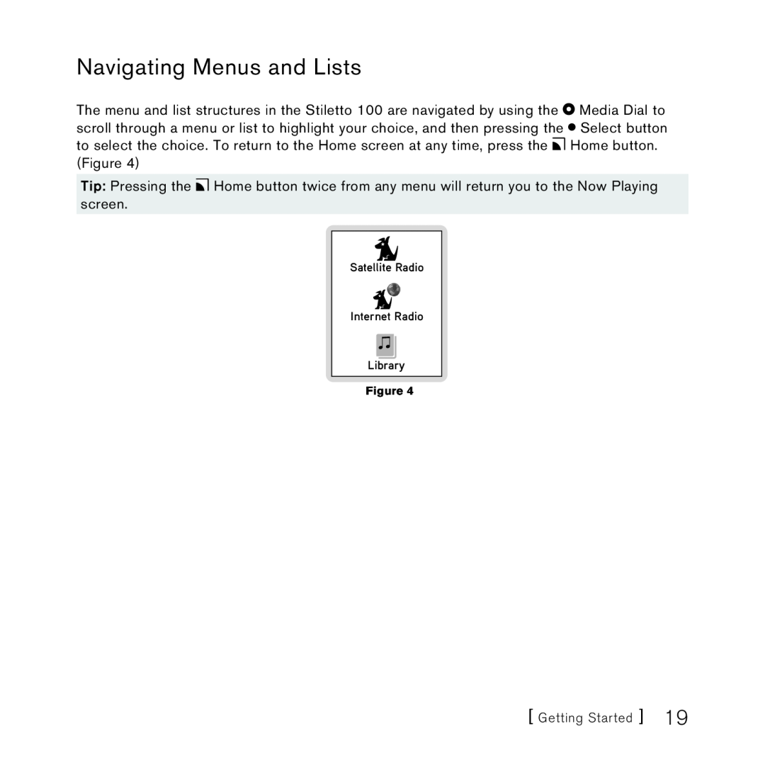 Sirius Satellite Radio SlV1 manual Navigating Menus and Lists 