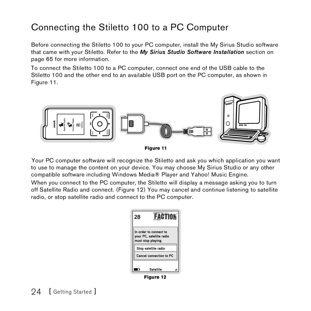 Sirius Satellite Radio SlV1 manual Connecting the Stiletto 100 to a PC Computer, Getting Started 