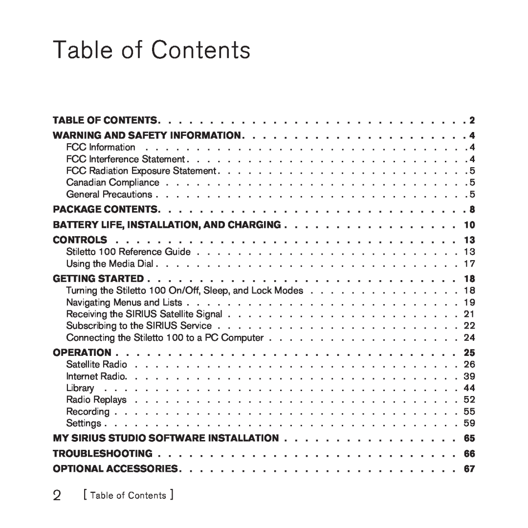 Sirius Satellite Radio SlV1 manual Table of Contents 
