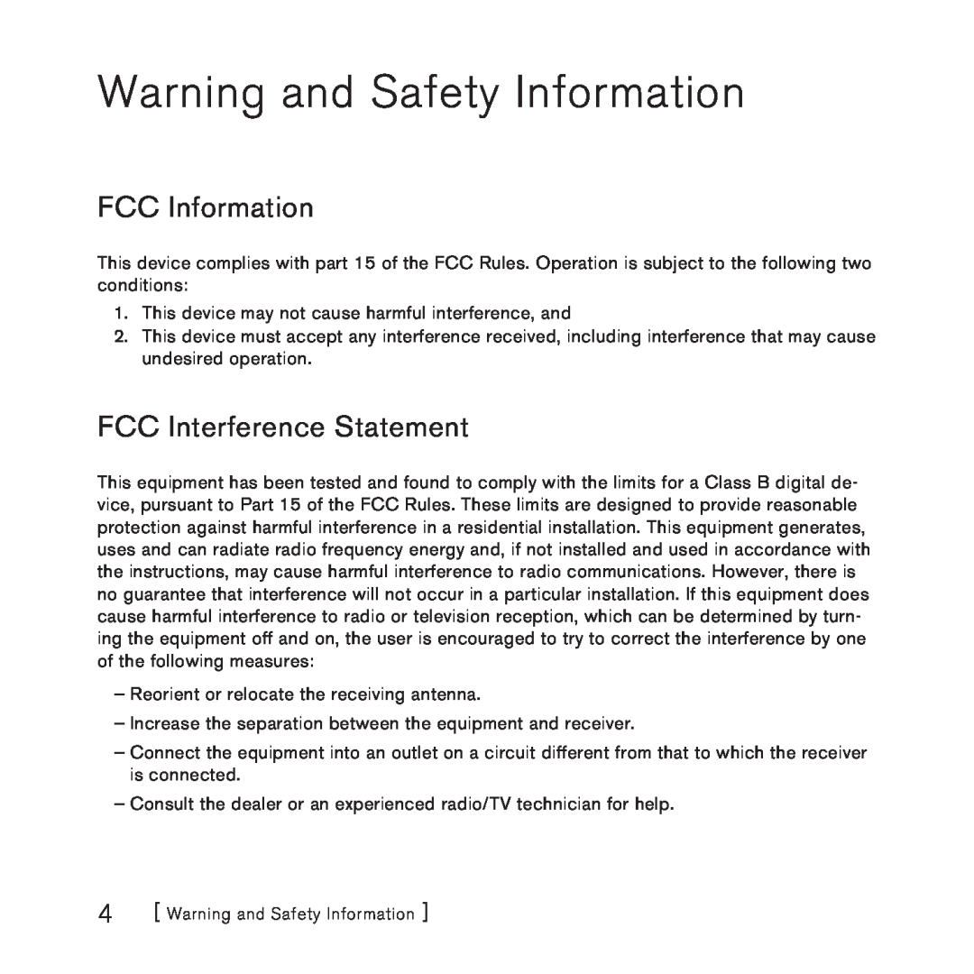 Sirius Satellite Radio SlV1 manual Warning and Safety Information, FCC Information, FCC Interference Statement 