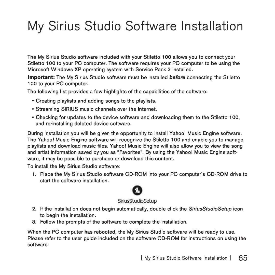 Sirius Satellite Radio SlV1 manual My Sirius Studio Software Installation 