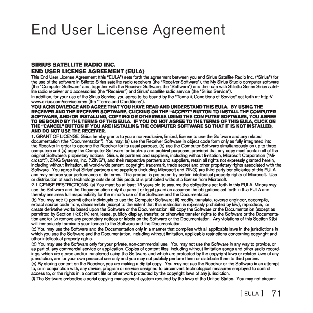 Sirius Satellite Radio SlV1 manual Sirius Satellite Radio Inc, End User License Agreement Eula 