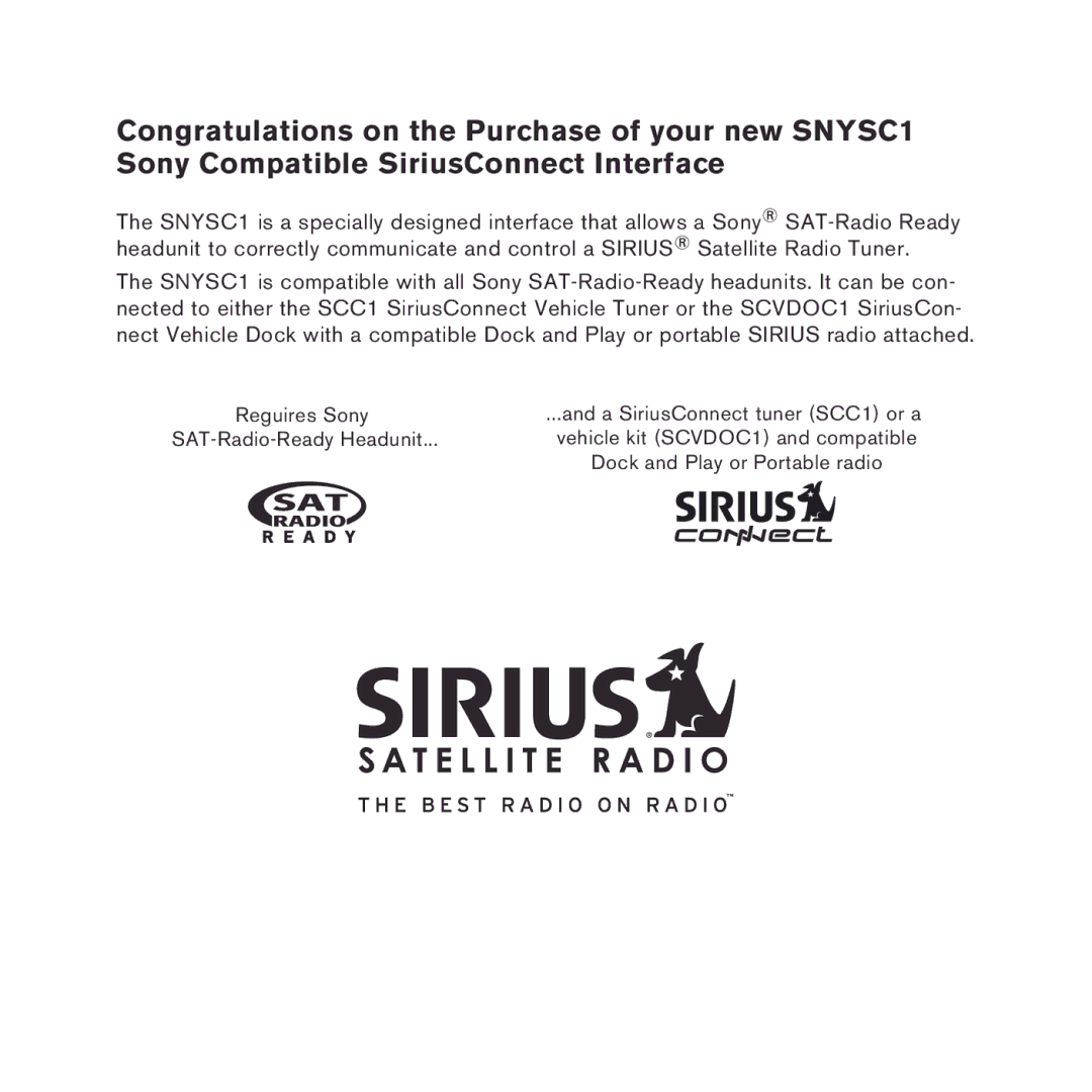 Sirius Satellite Radio SNYSC1 manual 