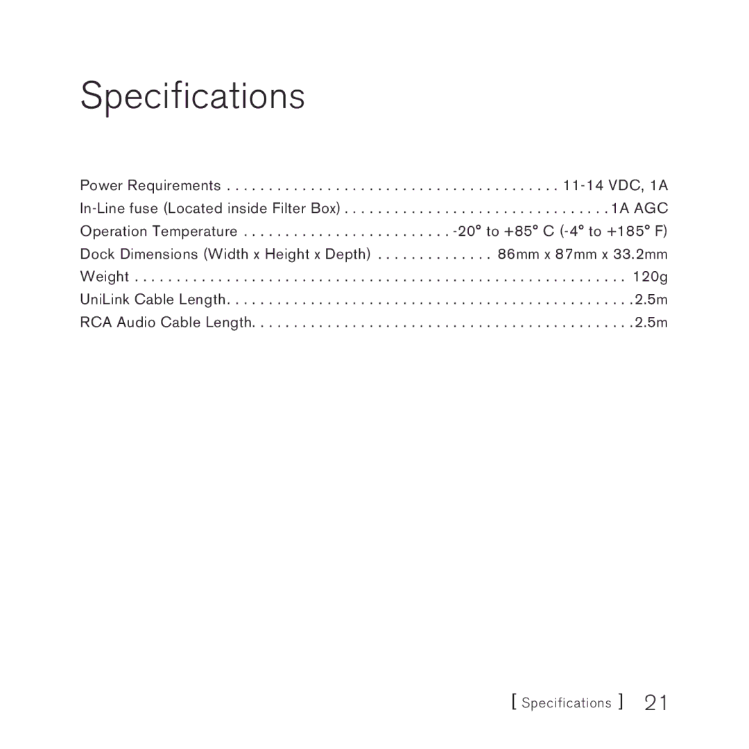 Sirius Satellite Radio SNYSC1 manual Specifications 