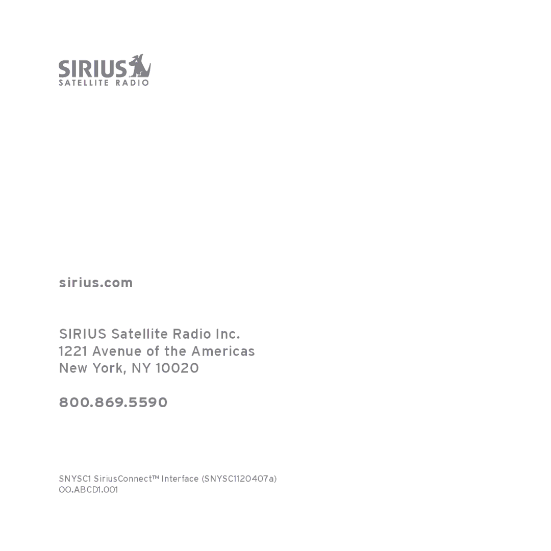 Sirius Satellite Radio SNYSC1 manual Sirius.com 