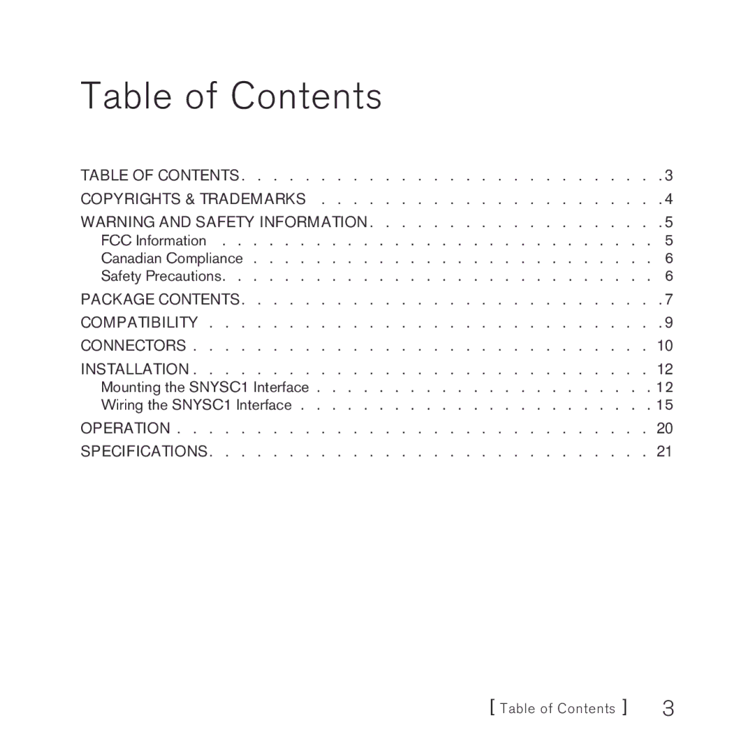 Sirius Satellite Radio SNYSC1 manual Table of Contents 