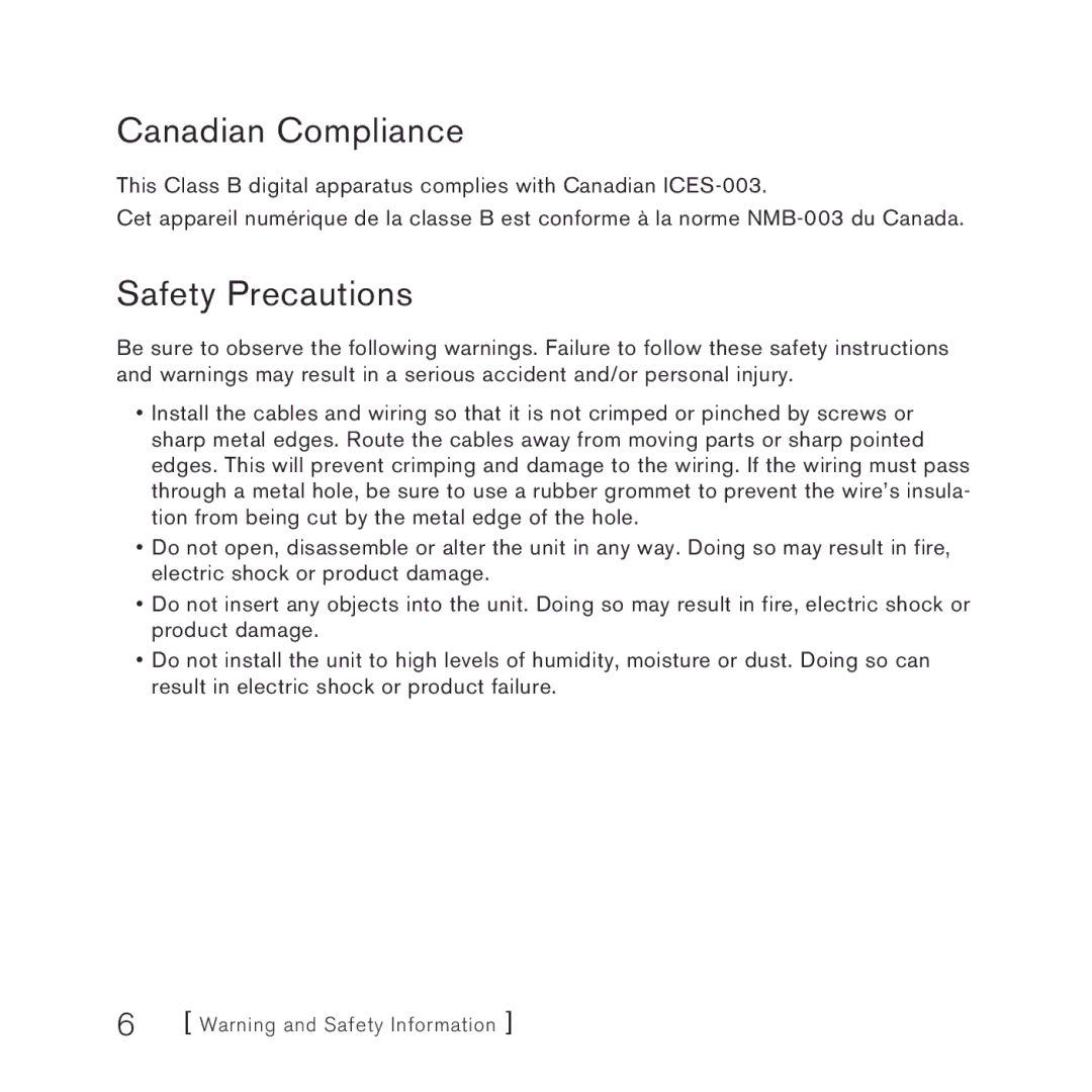 Sirius Satellite Radio SNYSC1 manual Canadian Compliance, Safety Precautions 